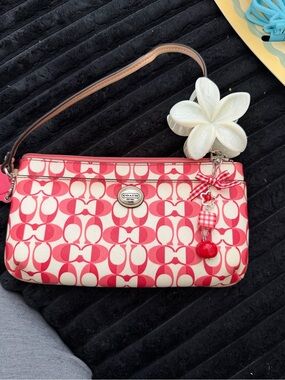 Coach Pink and White Signature Wristlet with Charm